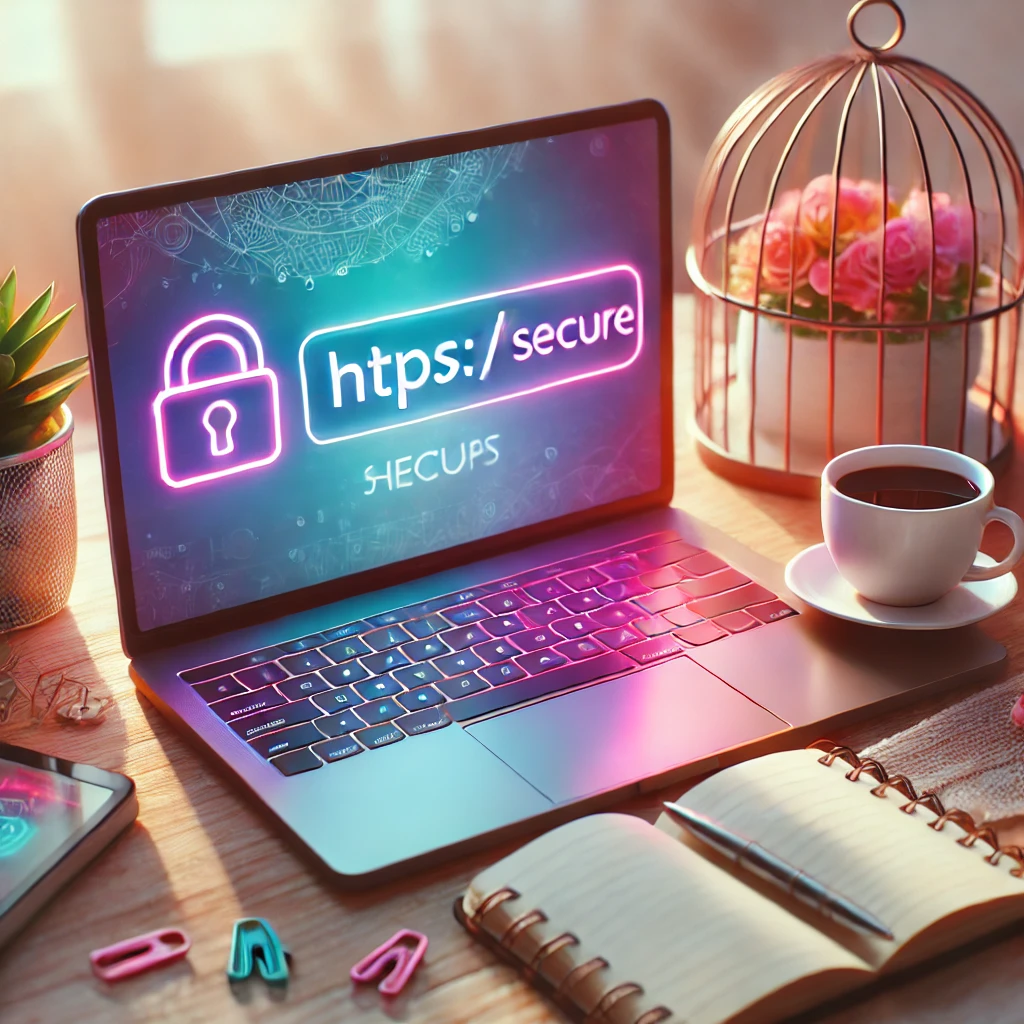 A modern desk setup with a laptop displaying a secure URL bar featuring 'https://' and a padlock icon, accompanied by a notebook and a coffee cup, symbolizing online security. The cozy and feminine design features soft lighting and elegant decor."