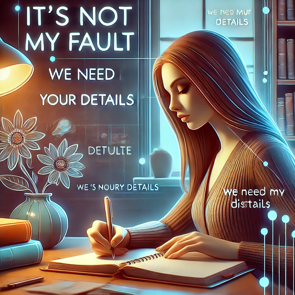 A woman writing in a notebook at a cozy desk surrounded by books, with faint phrases like 'It's not my fault' and 'We need your details' in the background, symbolizing the power of words in recognizing dishonesty. The setting is modern and feminine."