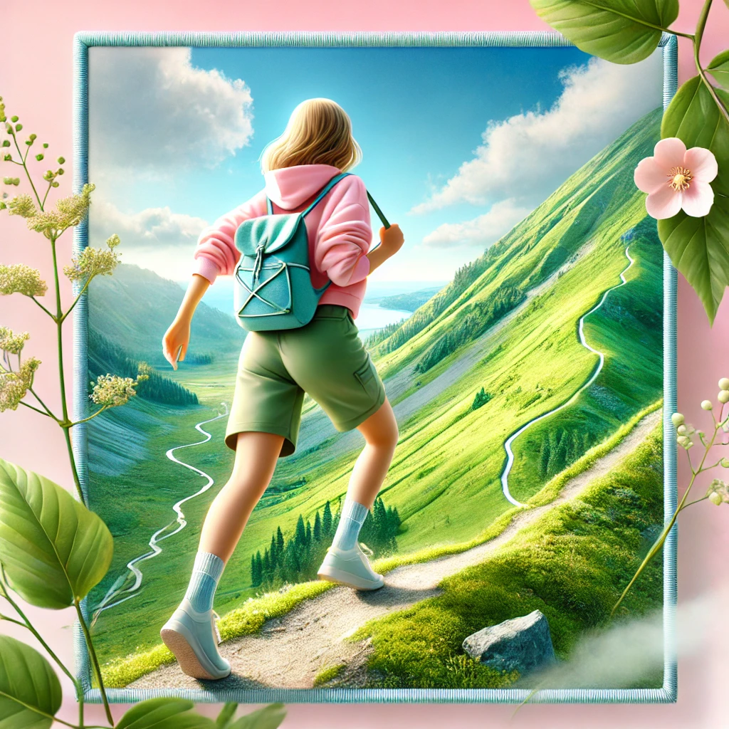 A person climbing a steep mountain trail under a clear blue sky, surrounded by vibrant green scenery. The individual wears a pastel-colored outfit and carries a small backpack, symbolizing determination and overcoming challenges.