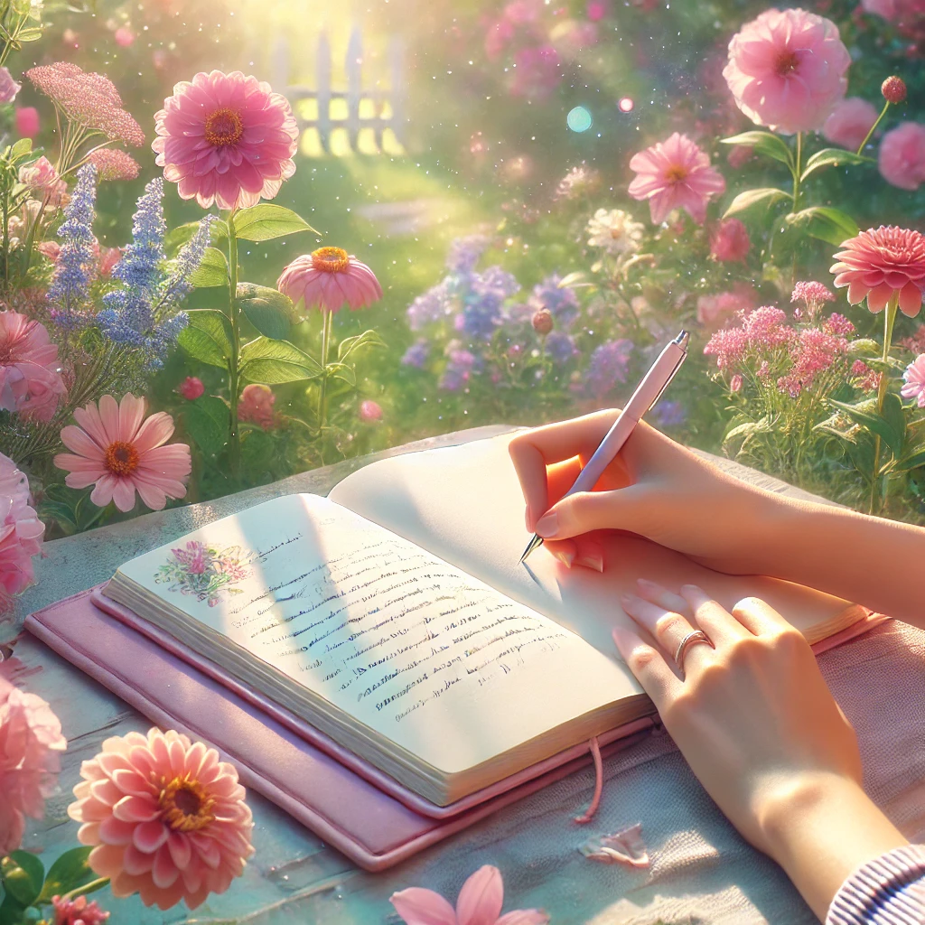 A woman journaling outdoors in a serene garden filled with vibrant flowers and bathed in soft sunlight. The journal has visible handwritten notes, and the surroundings feel peaceful and inspiring.