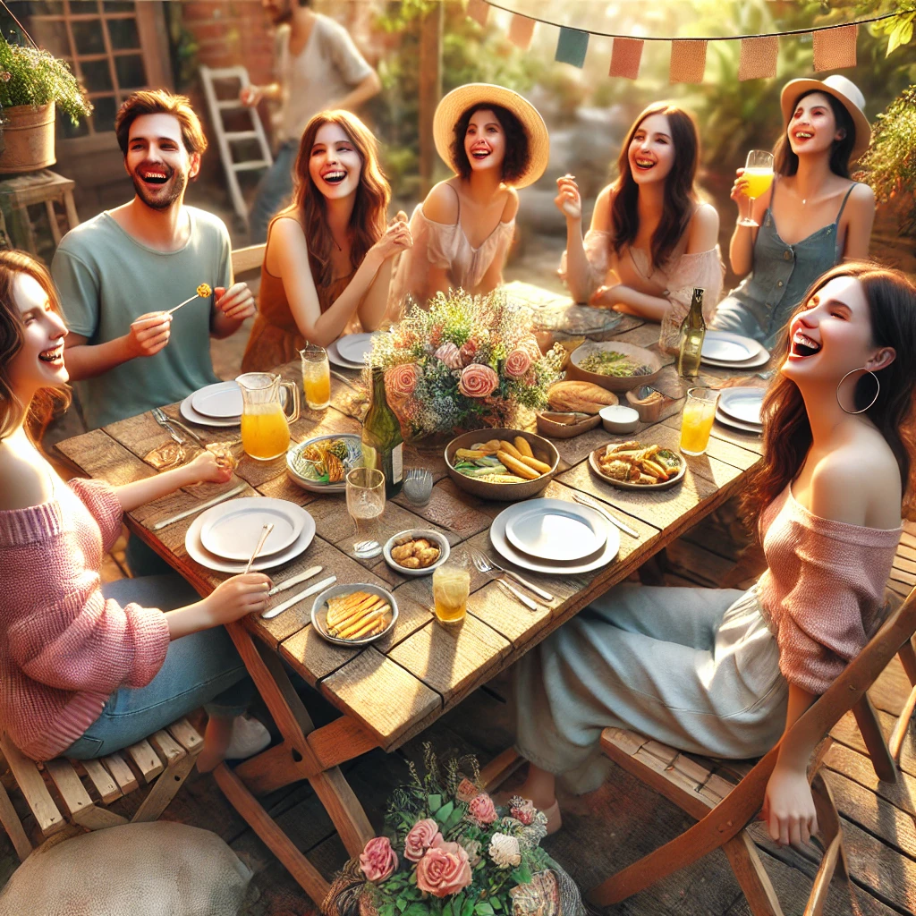 A group of friends laughing and bonding around a wooden table outdoors, sharing food and drinks under warm sunlight. The scene is vibrant with floral decorations and pastel-toned outfits, creating a cozy and joyful atmosphere.