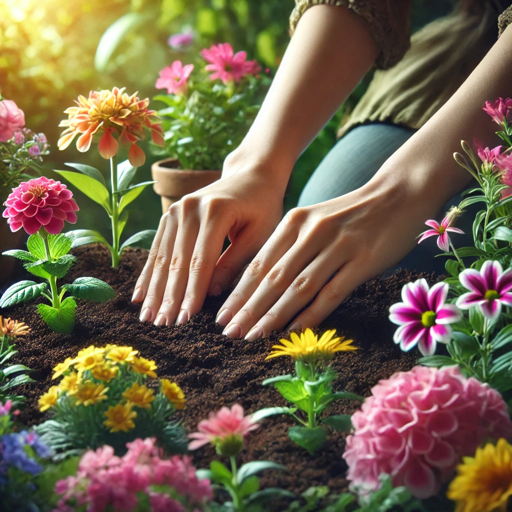 A pair of feminine hands planting vibrant flowers in a small garden surrounded by lush greenery. The blooms are colorful in shades of pink, yellow, and purple, with soft sunlight illuminating the serene and nurturing scene.