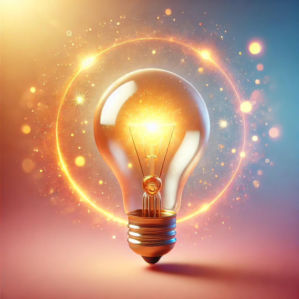 A glowing lightbulb with a warm, golden glow, symbolizing ideas and purpose discovery. The background features soft, blurred pastel colors, creating an inspiring and feminine aesthetic.