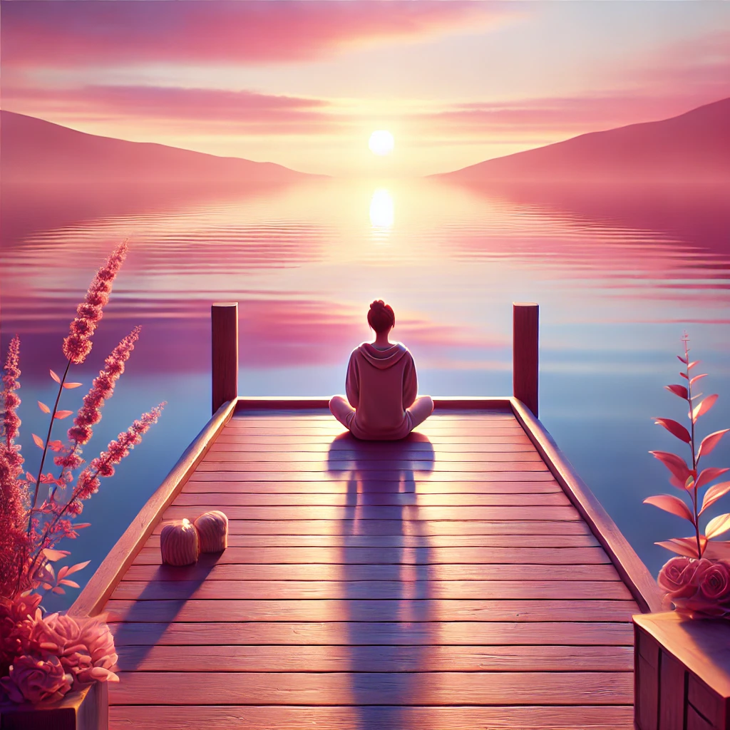  A person sitting peacefully on a wooden dock overlooking a calm lake, reflecting the vibrant pink, orange, and purple hues of the sunset. The scene is serene, with feminine touches like nearby flowers and warm, inviting light.








