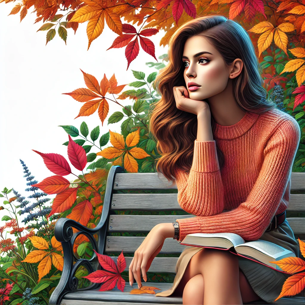  A woman sitting on a park bench surrounded by colorful autumn leaves, holding a book and looking thoughtful, evoking solitude and introspection.