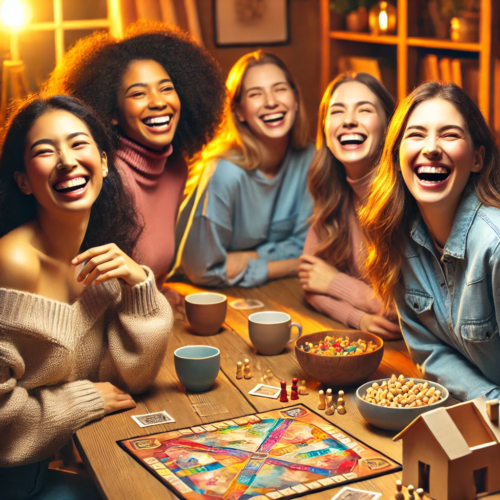 A cheerful group of diverse women laughing together during a cozy indoor game night, with a warmly lit room and a table filled with snacks and board games.