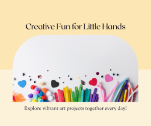 "Energetic, feminine-themed collage of preschool arts and crafts supplies including scissors, colored paper, and paintbrushes."