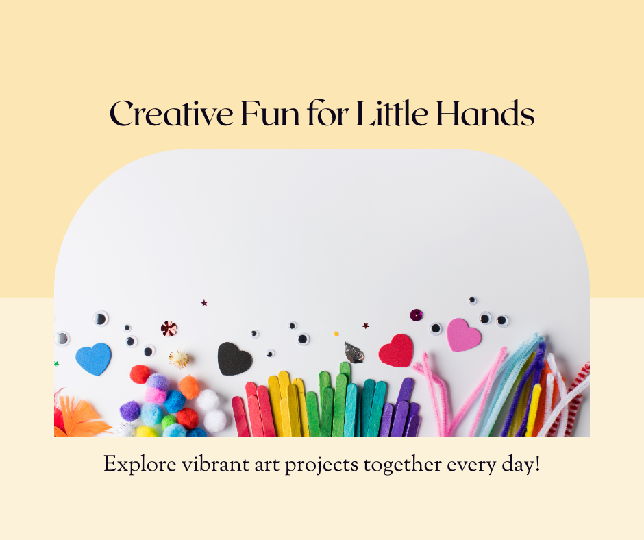 "Energetic, feminine-themed collage of preschool arts and crafts supplies including scissors, colored paper, and paintbrushes."
