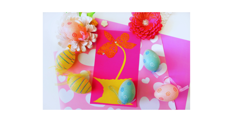 an easter card with colorful eggs and flowers
