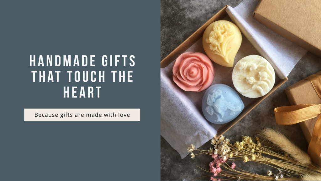 Pink floral blog header with feminine script reading ‘Because handmade gifts always touch the heart’”