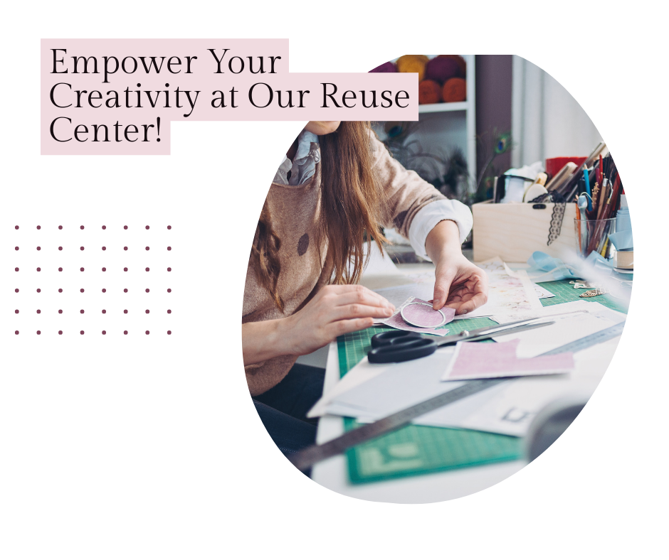 "Colorful image of a creative reuse center with crafting tables, materials, and class signage."