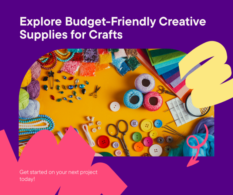 "Bright collage of affordable arts and crafts supplies with feminine, colorful aesthetic."