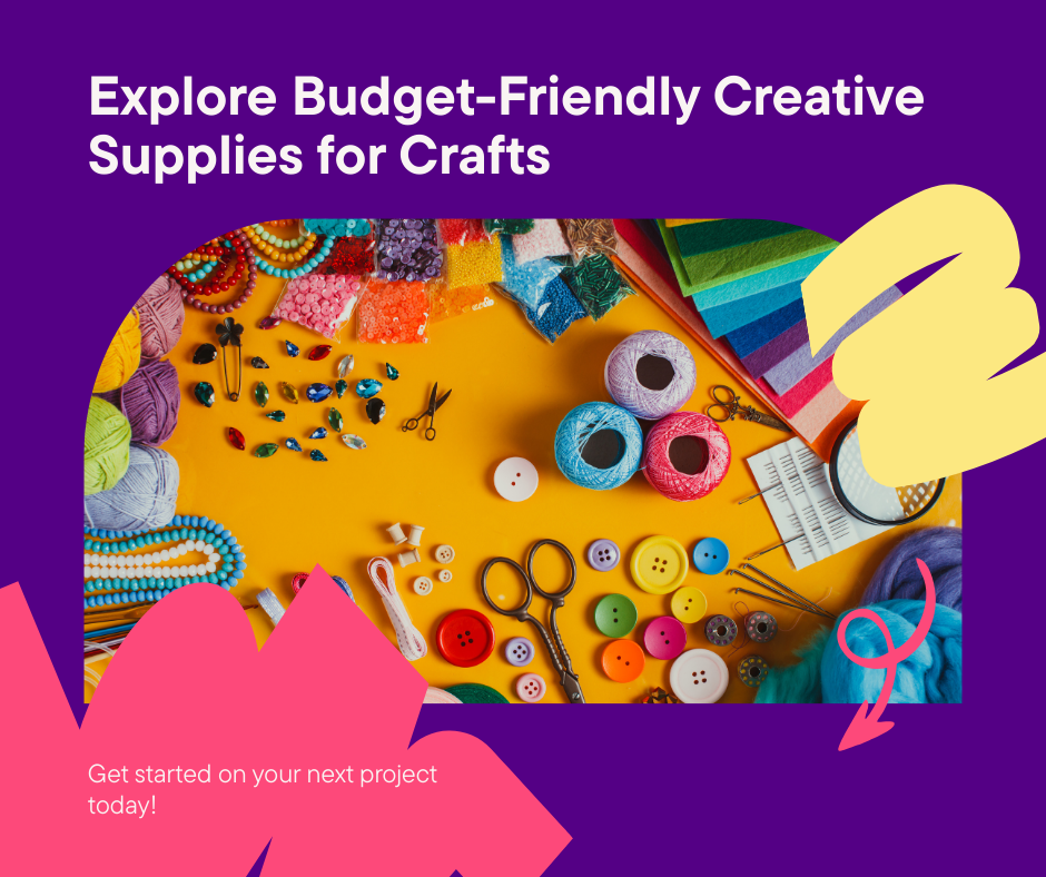 "Bright collage of affordable arts and crafts supplies with feminine, colorful aesthetic."