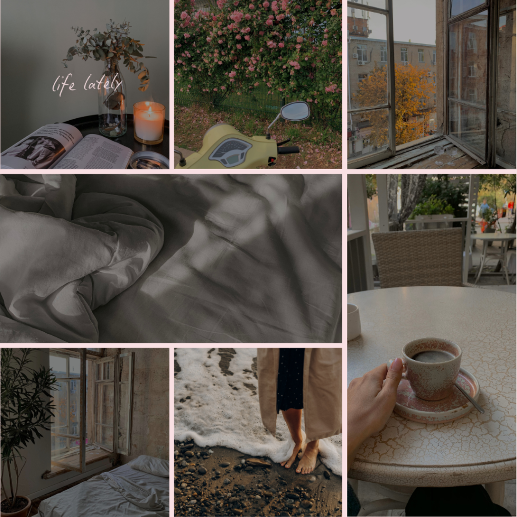 “Square layout featuring fashion-forward collage of images with a clean, minimalist aesthetic.”