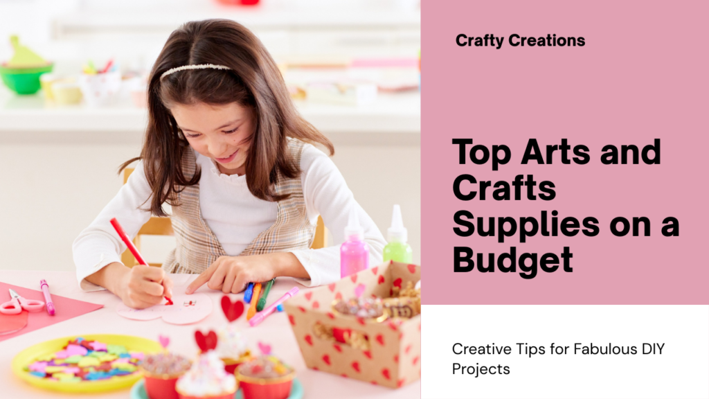 “Playful flat lay of arts and crafts supplies like scissors, tape, and markers with a feminine and budget-friendly vibe.”